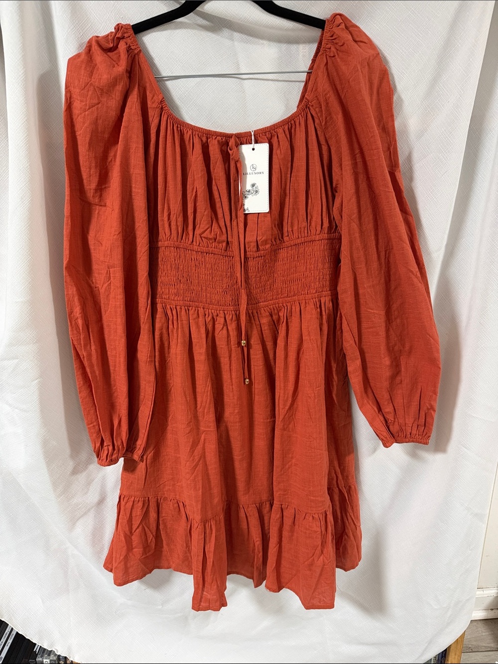 Rust Orange Smocked Peasant Tunic with Tie Neck - Ladies